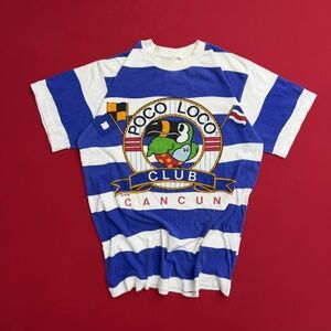 Vintage 90s Single Stiched Poco Loco Club Mexico Cancun Striped T-Shirt BLUE WHI